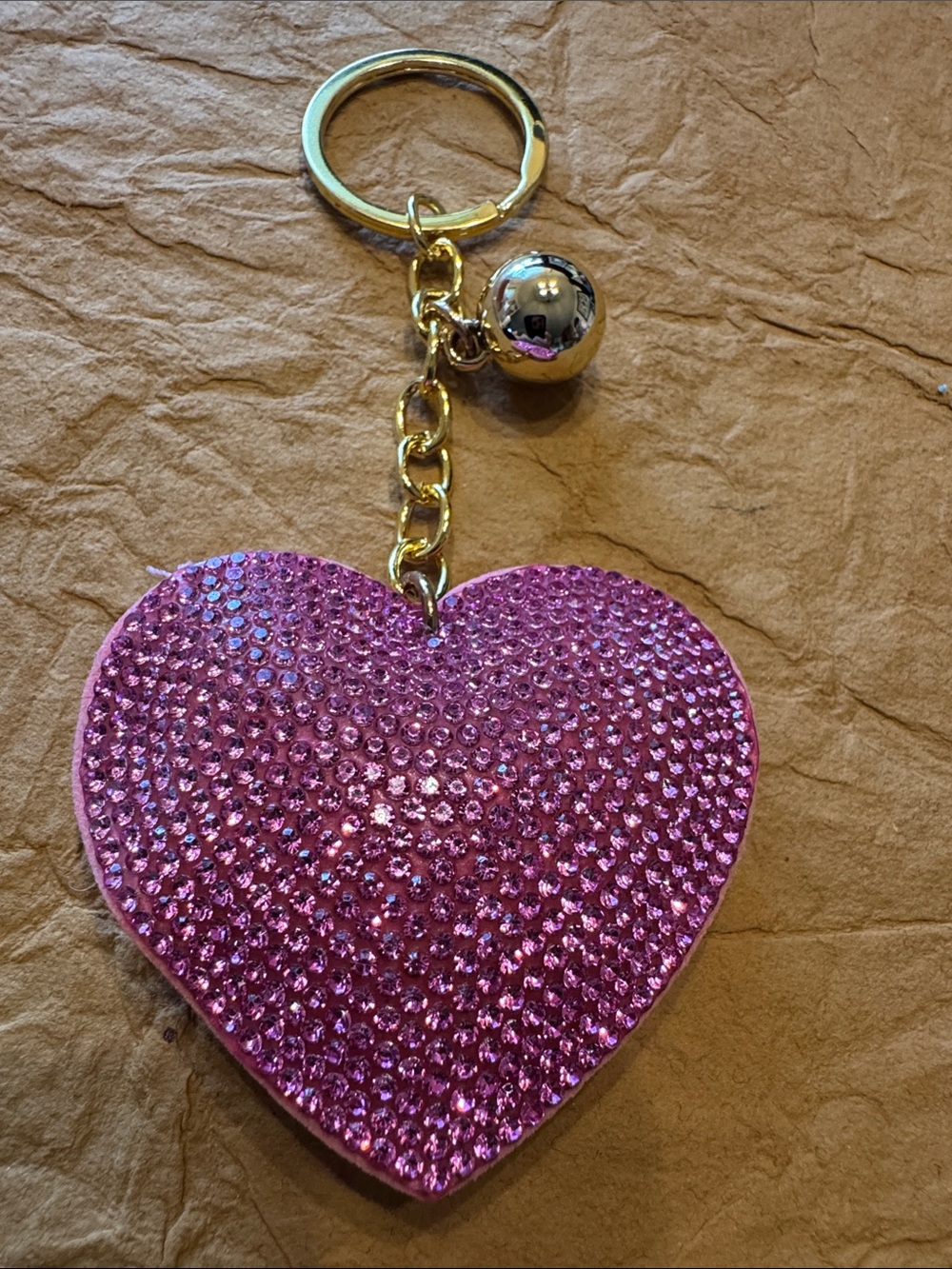 Gold-Tone Heart Crystal Keychain - Pink Rhinestone Heart Keyring Purse Charm